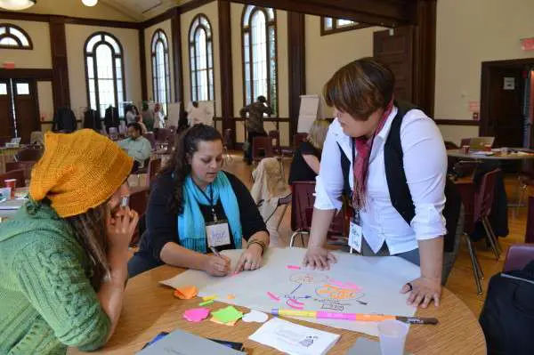 Participants at a table discussing purchasing