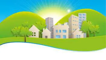 Cartoon image of a city scape with rays of sun shining behind it