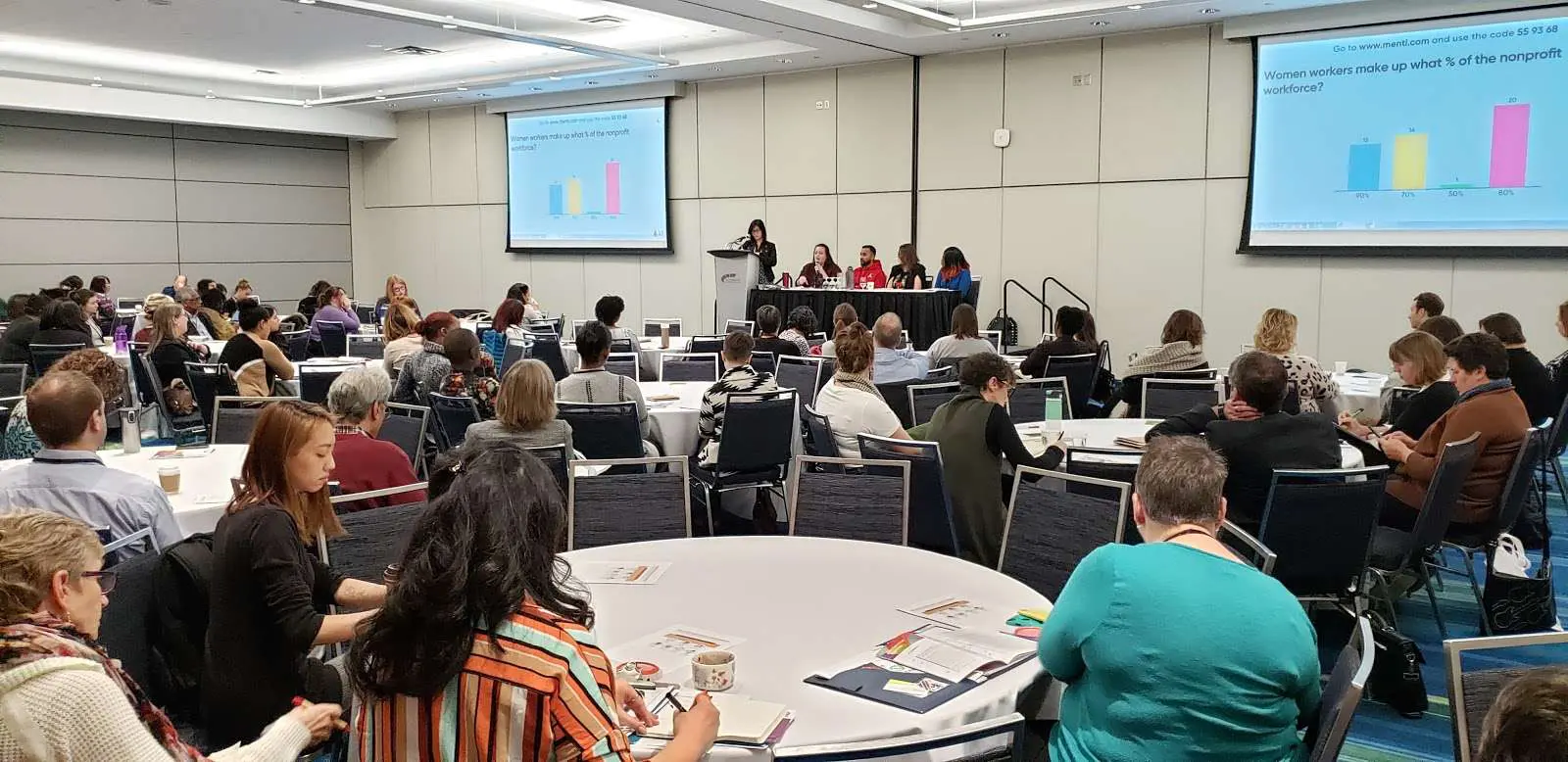 photograph of participants facing a panel of speakers from back of room