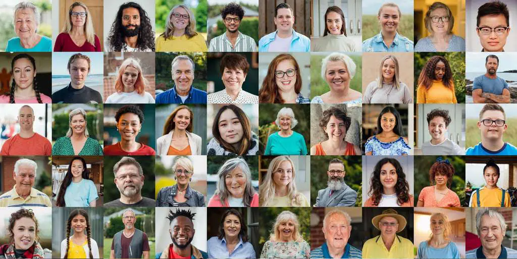 Small square photos of diverse people in a rectangle collage