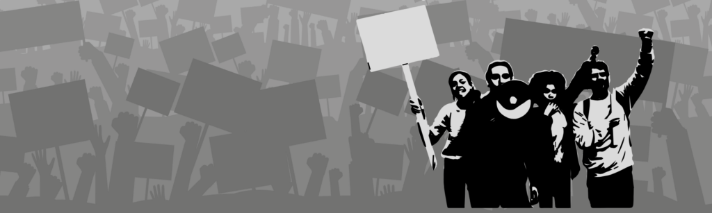 Black and white graphic, cutout image of protestors in bottom right.