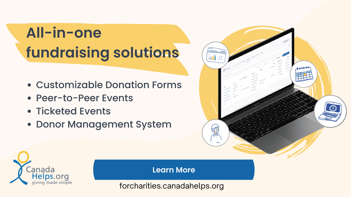 Image has a light yellow background with the title on a dark yellow band at the top left, "All-in-one fundraising solutions." Under that are four bullets, "1. Customizable donation forms. 2. Peer-to-peer events. 3. Ticketed events. 4. Donor management system." On the right is a coloured image of a laptop. At the bottom left is CanadaHelps' logo, and at the bottom centre is a blue button saying, "learn more," under which is the website U R L, "for charities dot canada helps dot org."