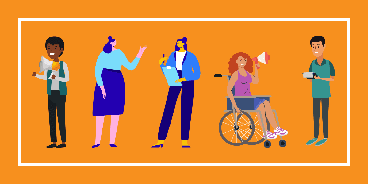 Image has an orange background and a white frame at a small distance from the edges. Inside the frame are five large coloured graphics of people, e.g., one holding a megaphone, one on a wheelchair, etc. to represent the nonprofit sector in Ontario.