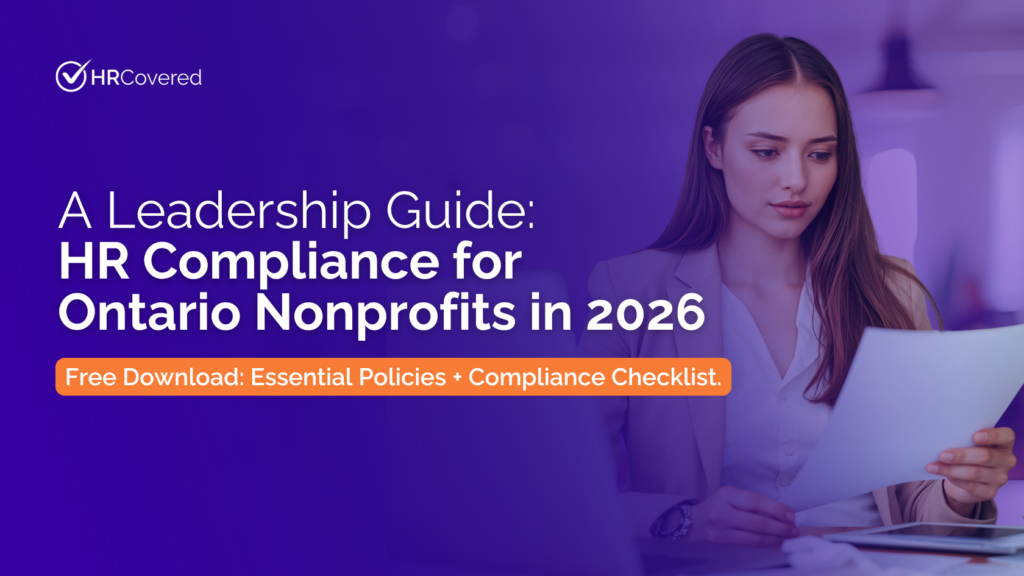 HRCovered leadership guide. Image has a woman reading a piece of paper on the right, there is a dark purple overlay with text on the left.