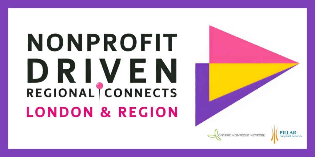 Banner with text "Nonprofit Driven Regional Connects, London and region" with a colourful arrow on the right. Two organization logos in the bottom right corner.