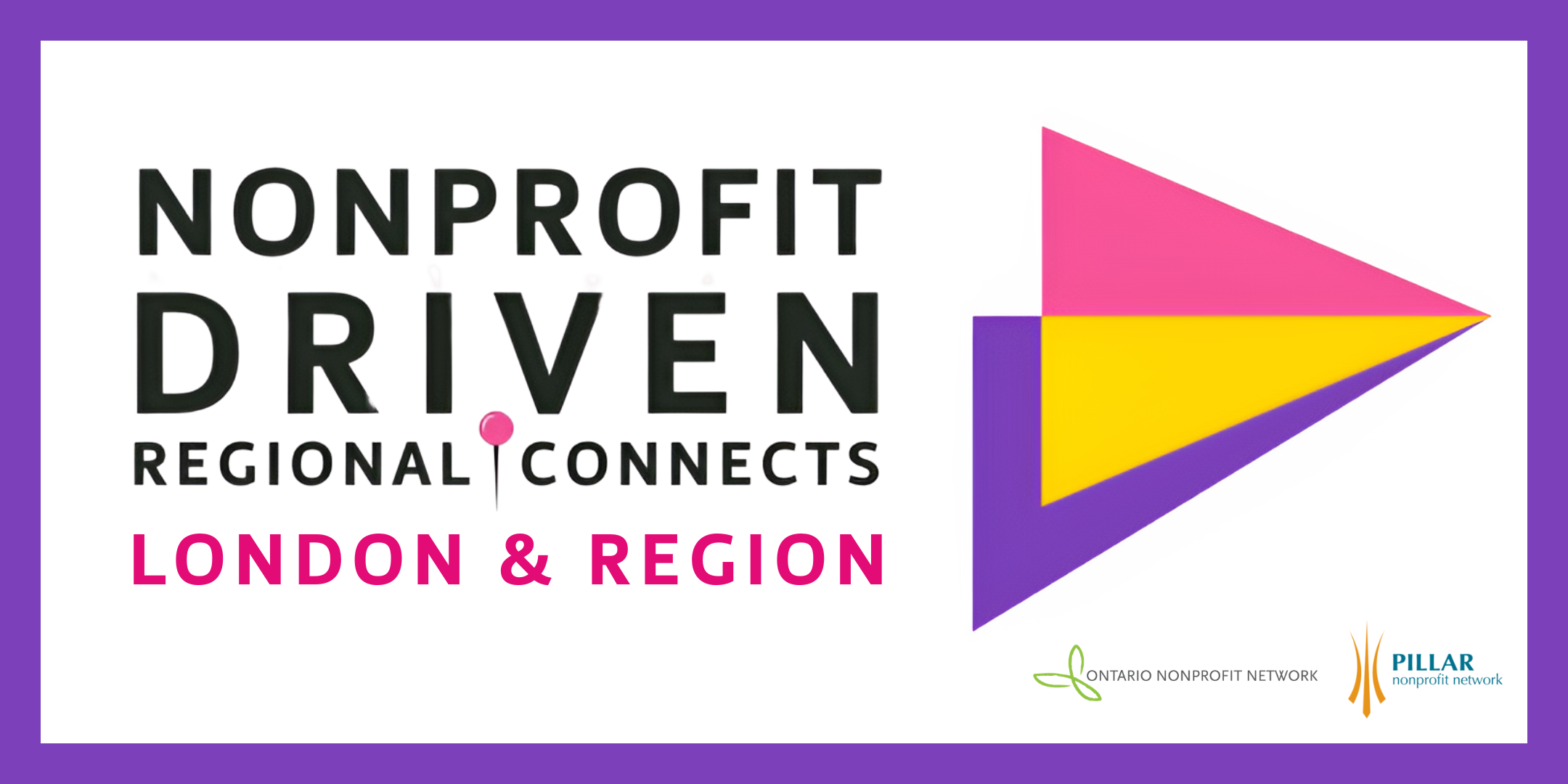Banner with text "Nonprofit Driven Regional Connects, London and region" with a colourful arrow on the right. Two organization logos in the bottom right corner.