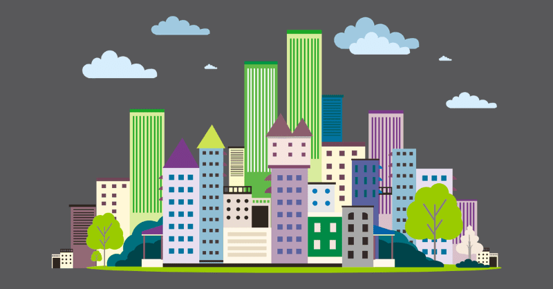 Dark background with imagery of a city, including clouds and buildings with some trees.